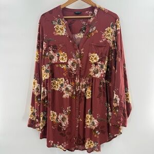 Torrid Floral Babydoll Button Front Lightweight Tunic Long Sleeve Shirt Size 3X